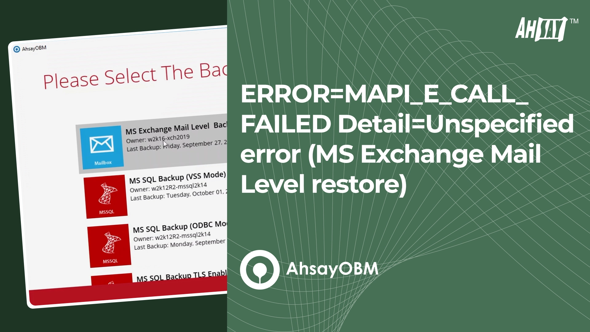  ERROR MAPI_E_CALL_FAILED Detail=Unspecified error (MS Exchange Mail Level restore) 