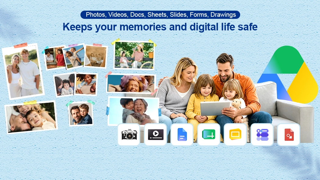 A family using a tablet to view photos, videos, docs, sheets slides, forms drawings. Ahsay backup service keeps their data safe