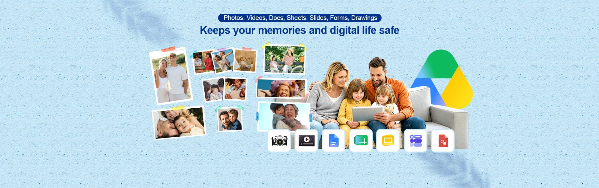 A family using a tablet to view photos, videos, docs, sheets slides, forms drawings. Ahsay backup service keeps their data safe