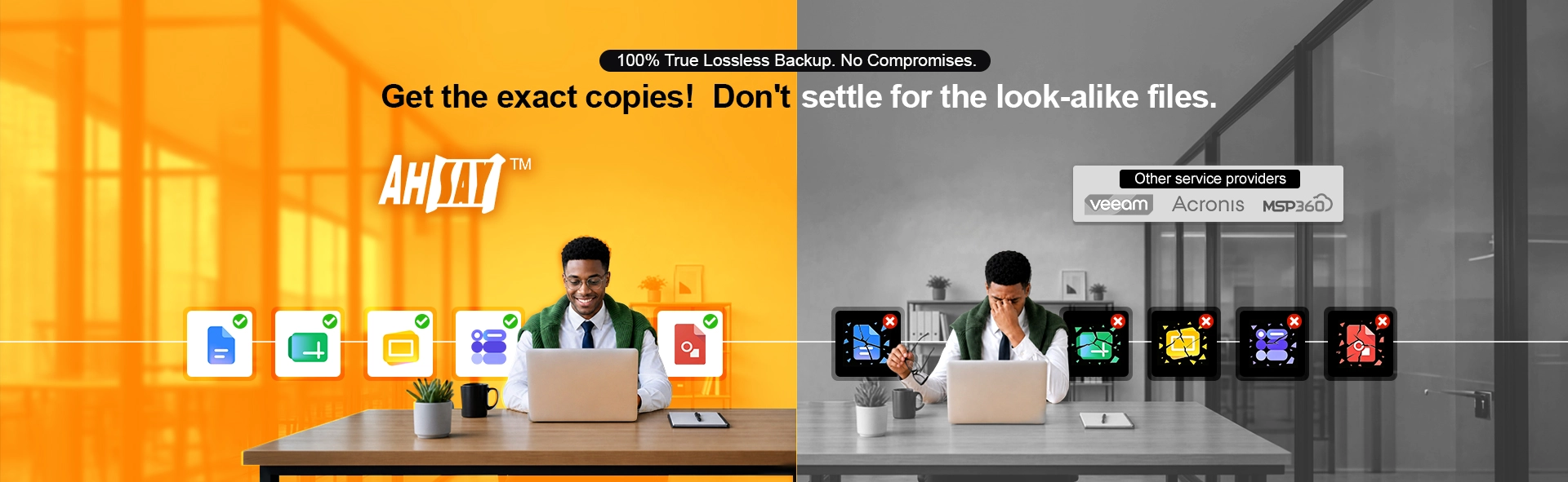 Satisfied user using Ahsay lossless backup for Docs, Sheets, Slides, Drawings & forms versus other solution user lost their data