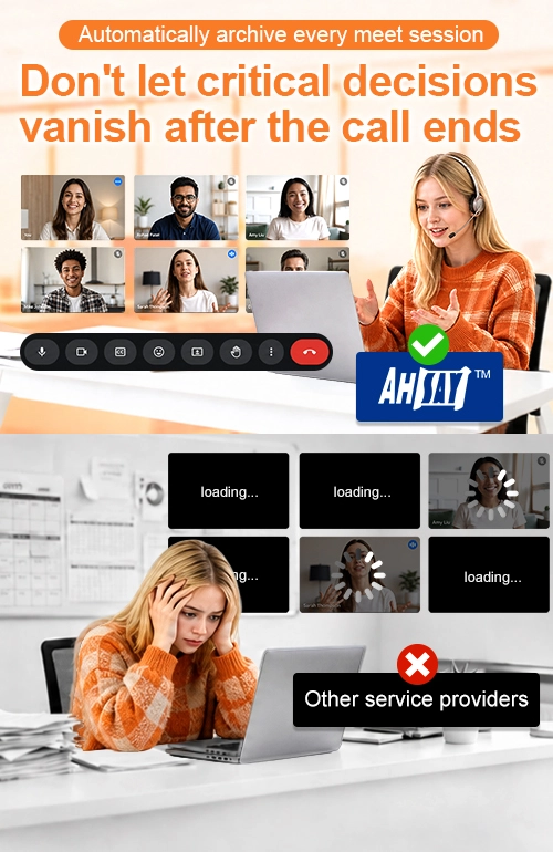Satisfied user at a desk uses Ahsay for Google Meet backup versus stresseduser with lost connection using other solutions