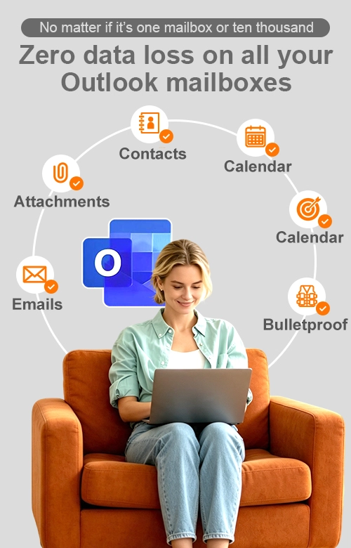 Ahsay user sits on an armchair using a laptop, with icons representing Emails, Attachments, Contacts, Calendar, Bullet Proof