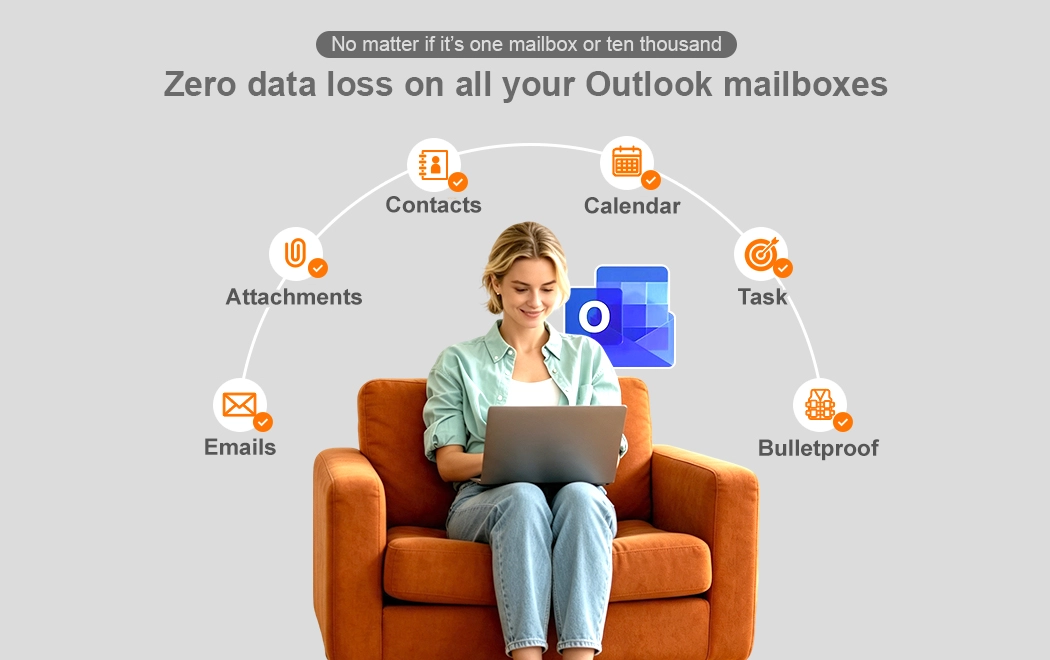 Ahsay user sits on an armchair using a laptop, with icons representing Emails, Attachments, Contacts, Calendar, Bullet Proof