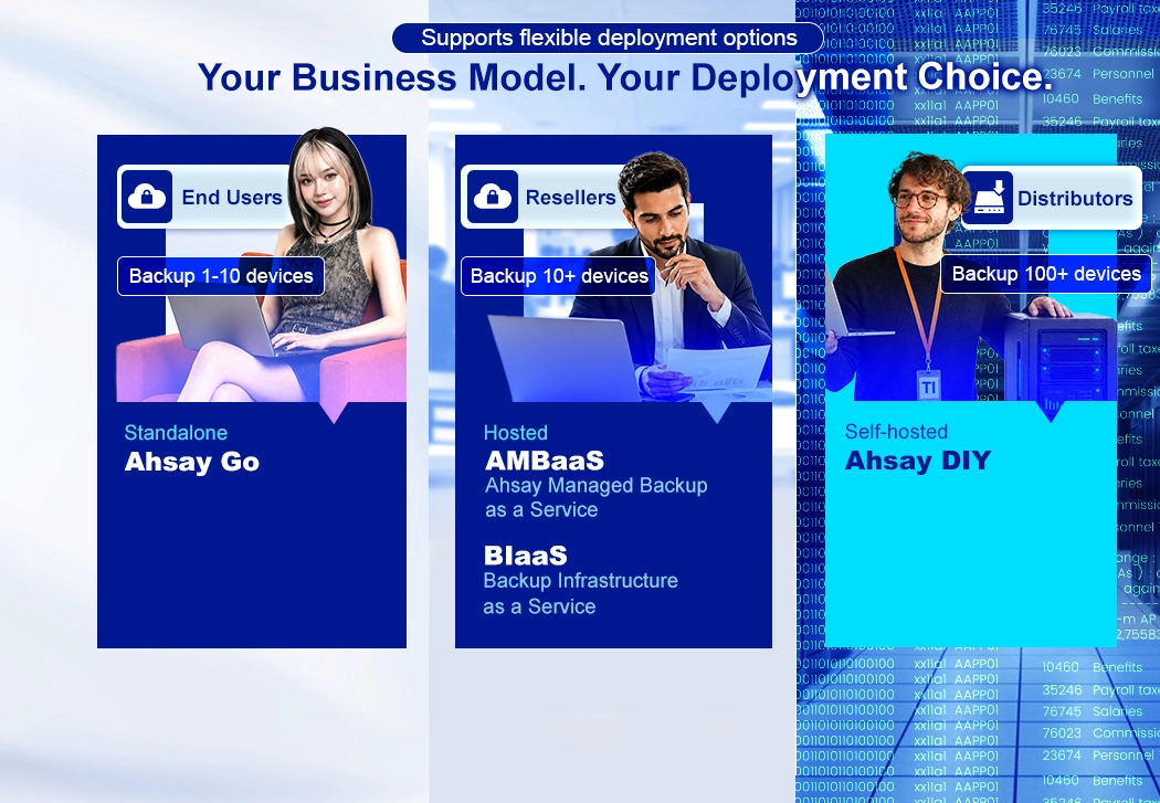 Ahsay offers flexible backup deployment choices for end users, resellers, and distributors to fit any business model.