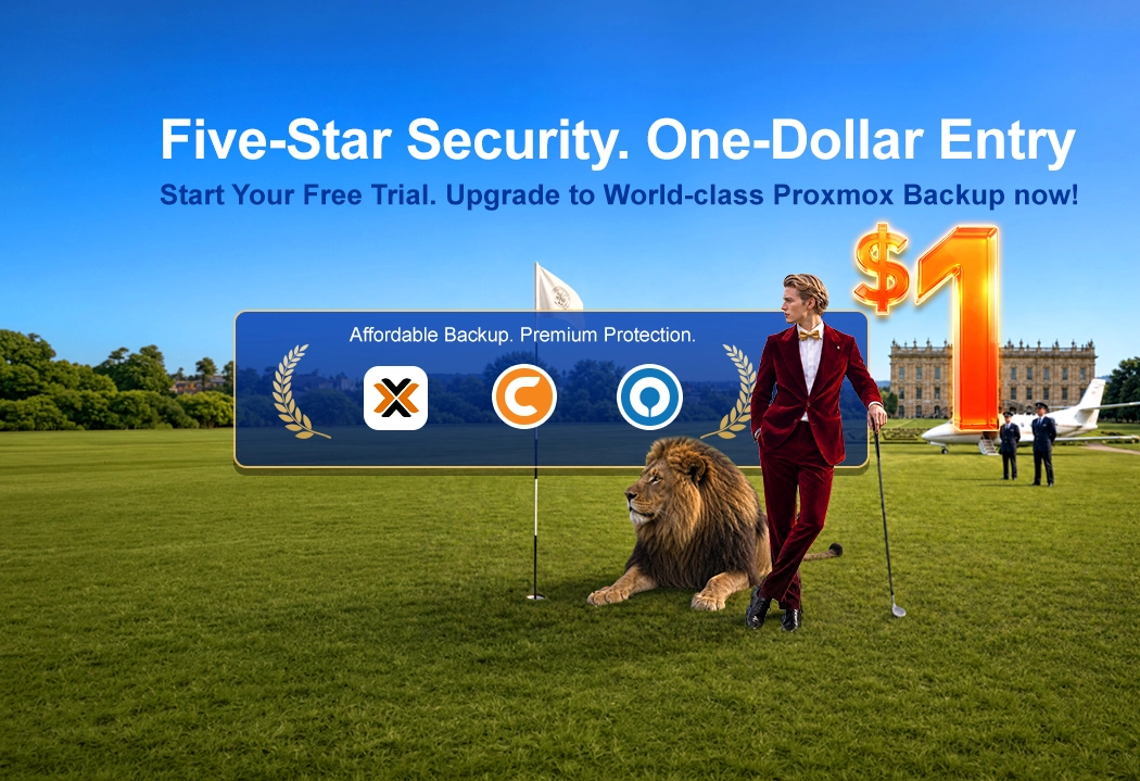 Luxury golf scene with Ahsay user, lion & jet. “Five-Star Security. One-Dollar Entry”.  Ahsay World-Class Proxmox Backup