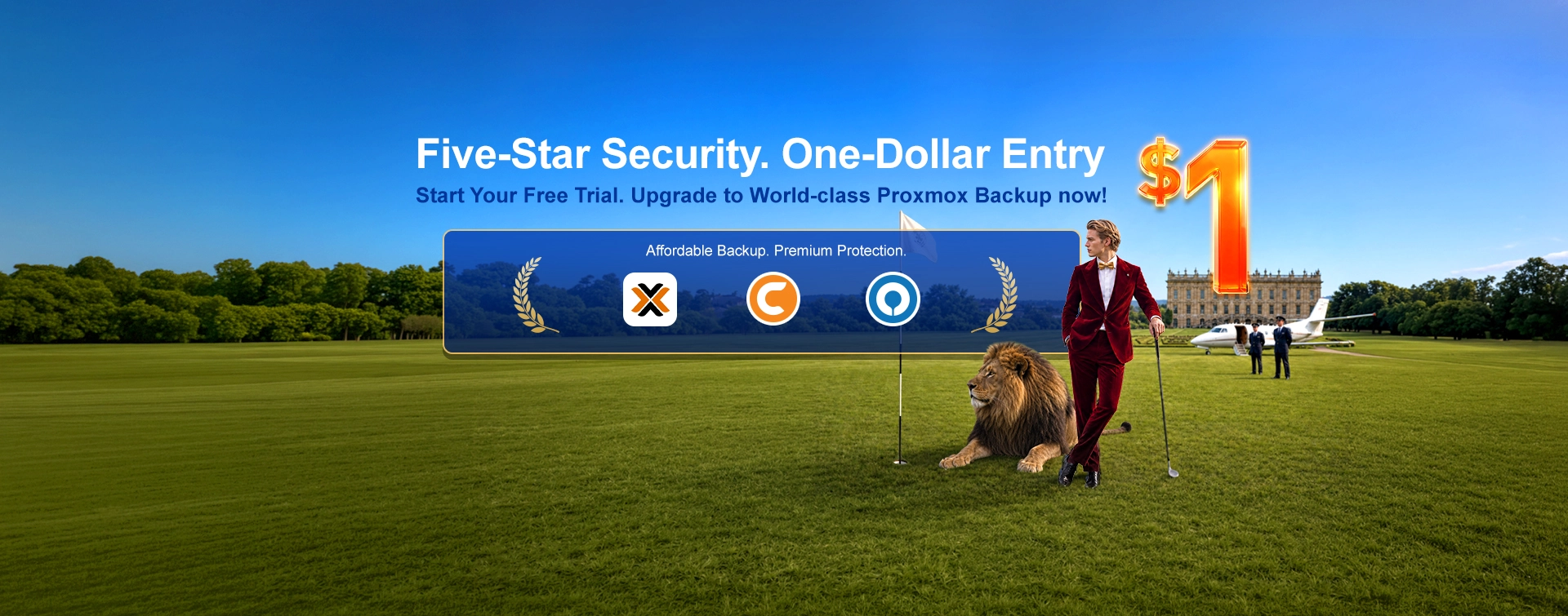 Luxury golf scene with Ahsay user, lion & jet. “Five-Star Security. One-Dollar Entry”.  Ahsay World-Class Proxmox Backup