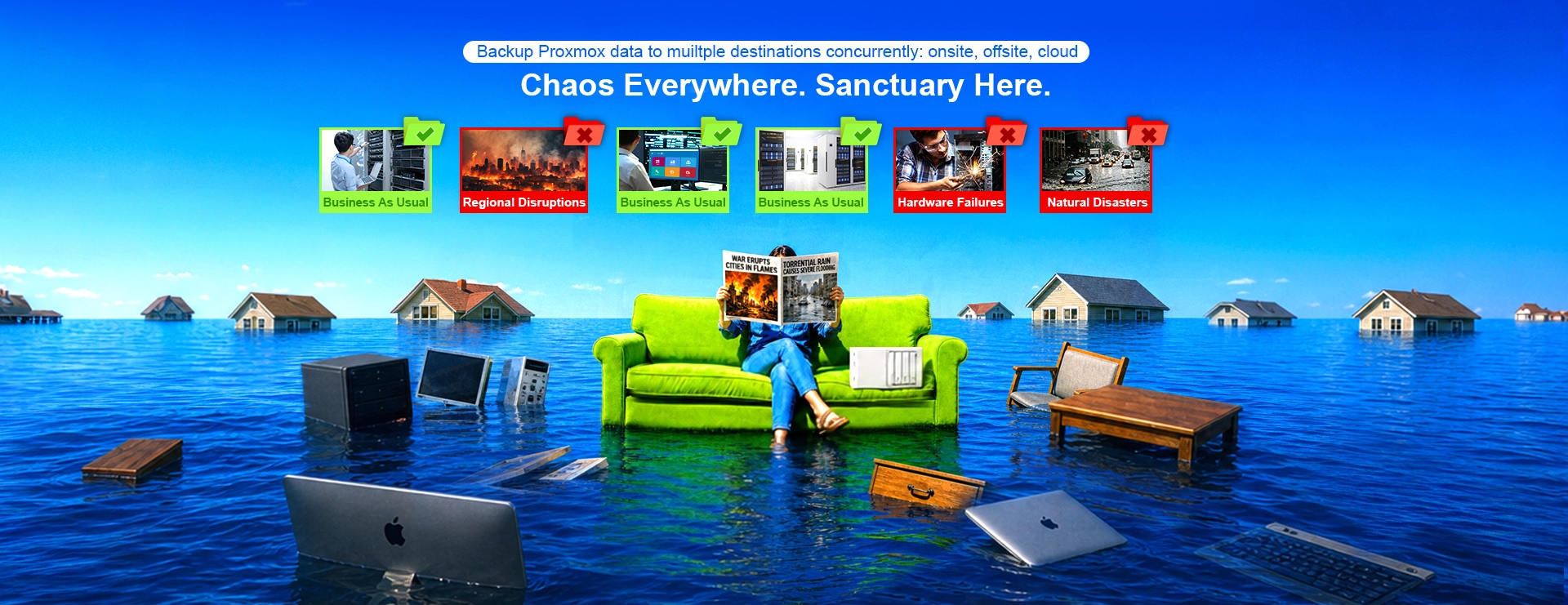 A person relaxes on a sofa amid a flood, showing 'Sanctuary' during disasters, Ahsay multi-destination Proxmox cloud backup