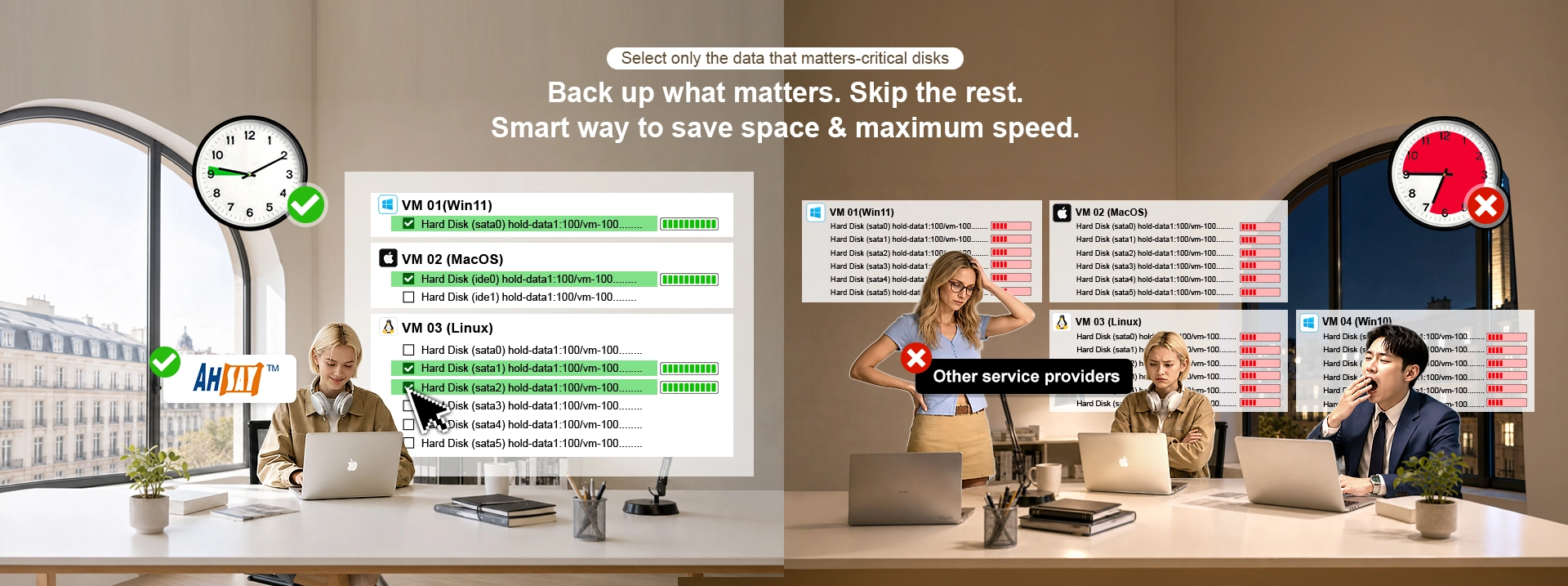 Relaxed woman vs stressed team. Ahsay Proxmox Backup: select only the data that matters-critical disk, skip the Rest.