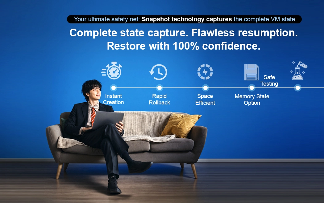 Man on a sofa with confidence. Ahsay Snapshot Technology Captures the complete VM state. Proxmox Backup flawless Resumption.