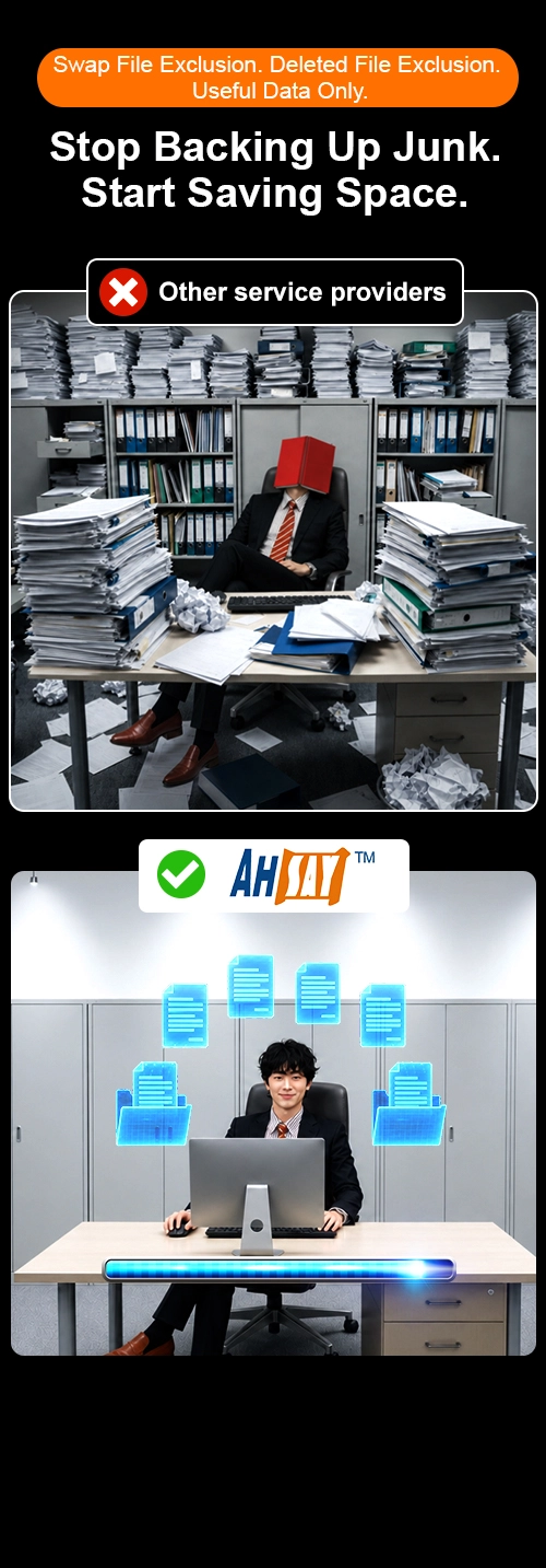 Clean office vs messy office. Ahsay Proxmox Backup: Back up useful data; exclude swap files & deleted files
