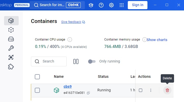 Delete Containers in Docker Desktop