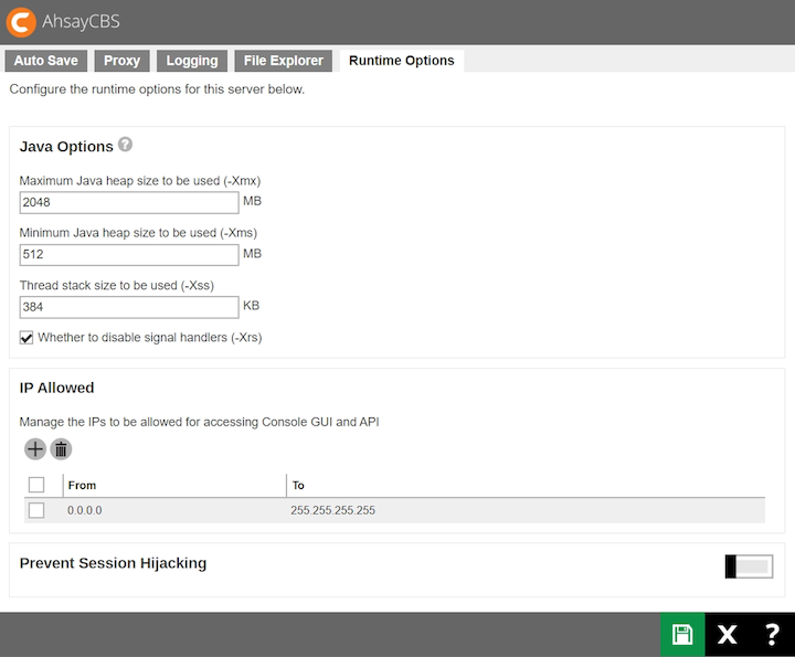 AhsayCBS Heap Size Settings