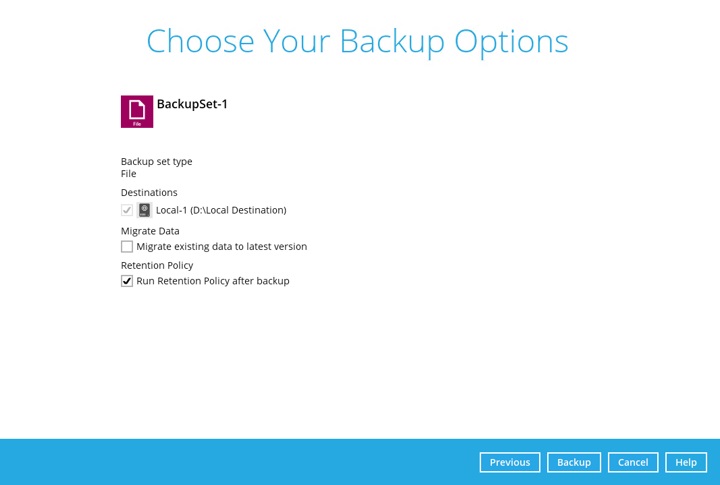 Backup Options window