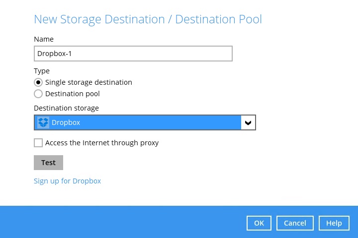 New Storage Destination / Destination Pool window