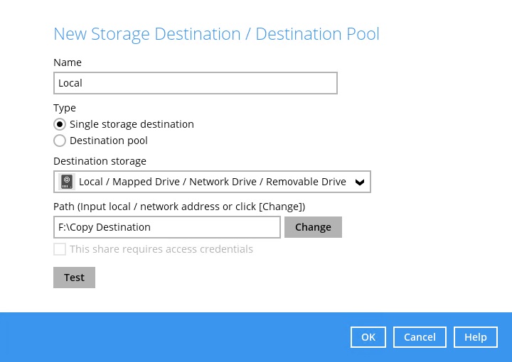 New Storage Destination / Destination Pool