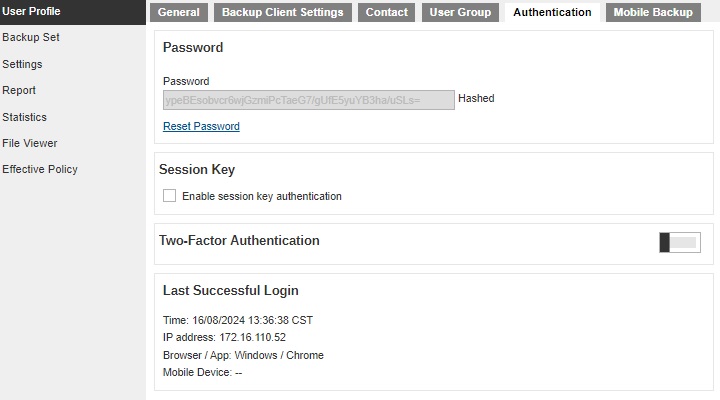 User Profile Authentication tab