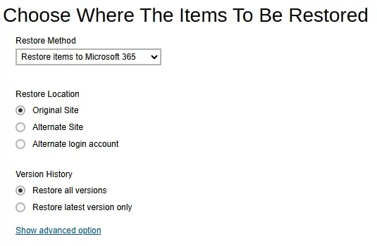 Restore Items to Microsoft 365 for SharePoint Sites