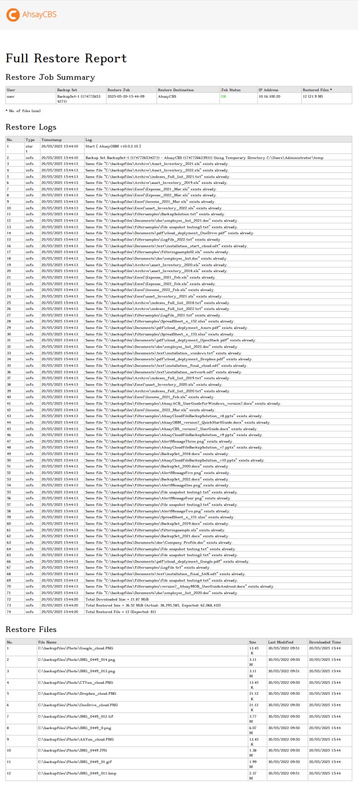 Full Restore Report