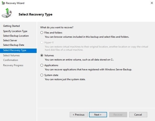 Volumes Recovery Type